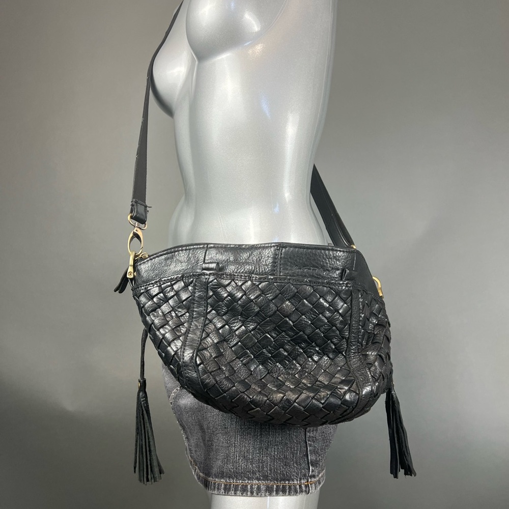 One Fated Knight Genuine Leather Black Woven Crossbody Bag